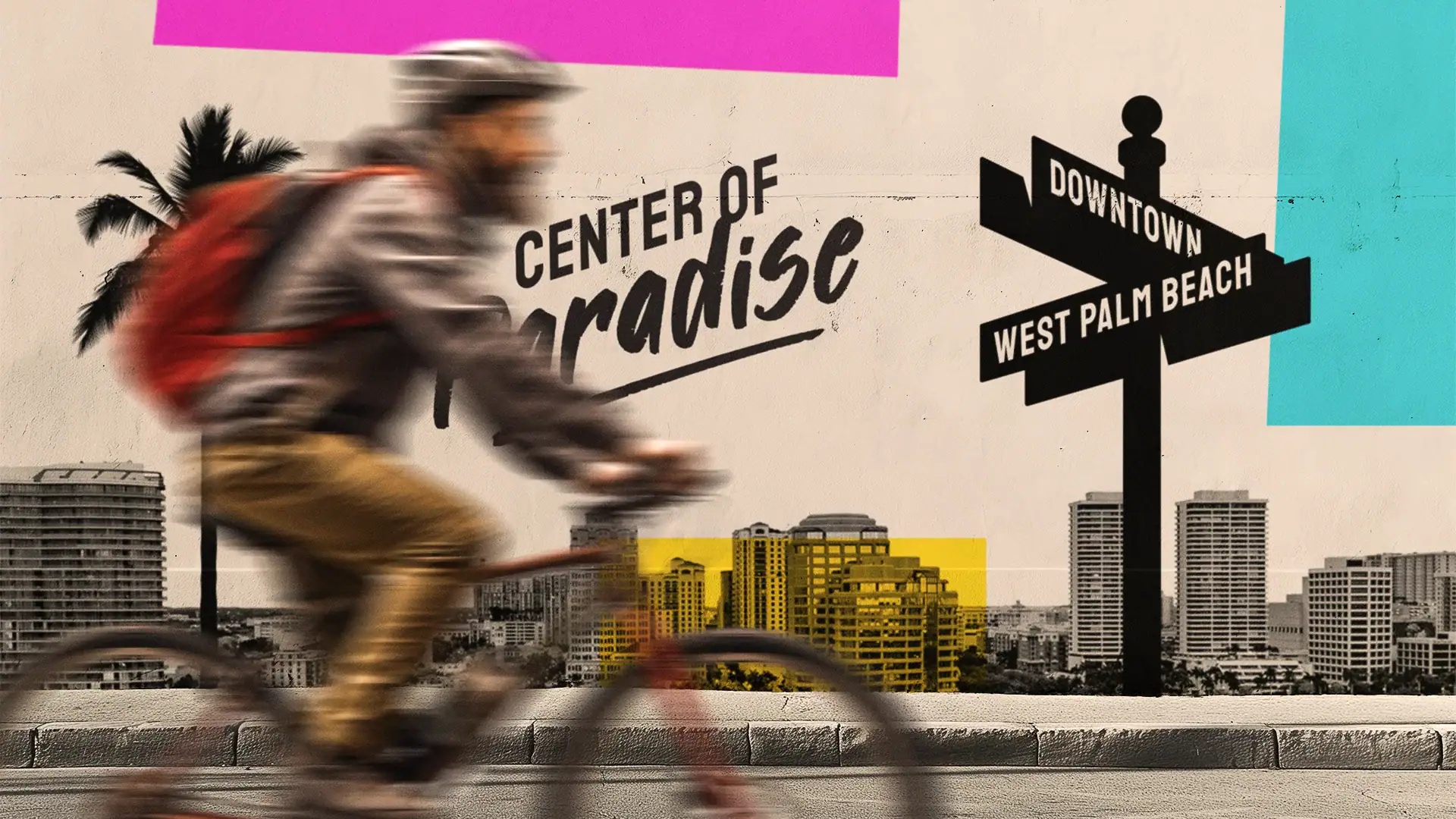 Modern urban scene with cyclist and vibrant street art, highlighting downtown West Palm Beach.
